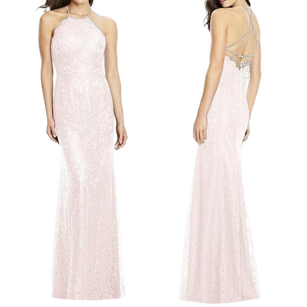 Dessy Collection Women’s Halter Open-Back Lace Trumpet Gown Pink Size 6